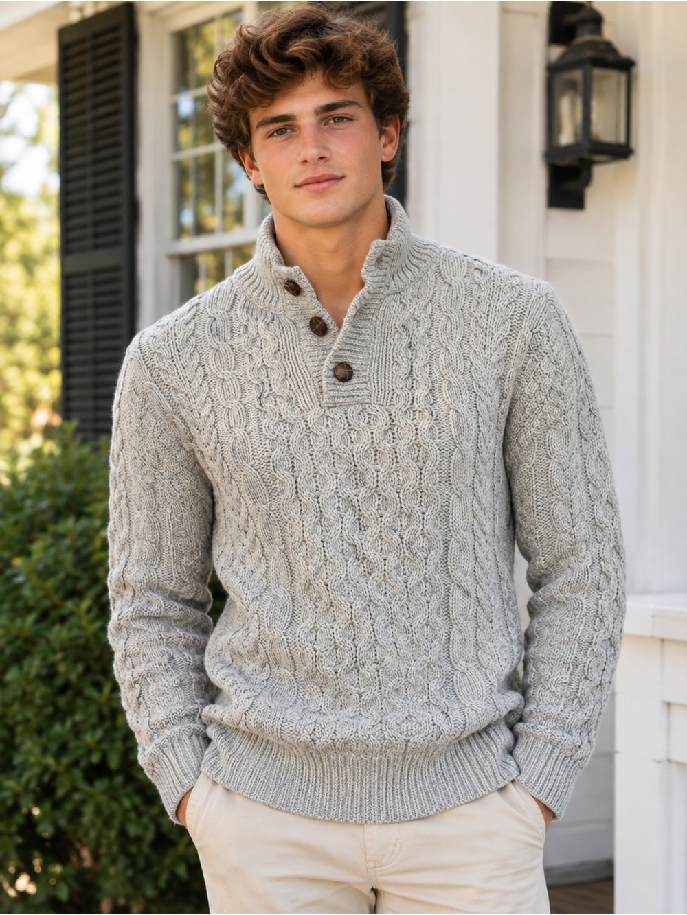 Ll bean Men's Cable-Knit fisherman’s Button Mock Neck Sweater